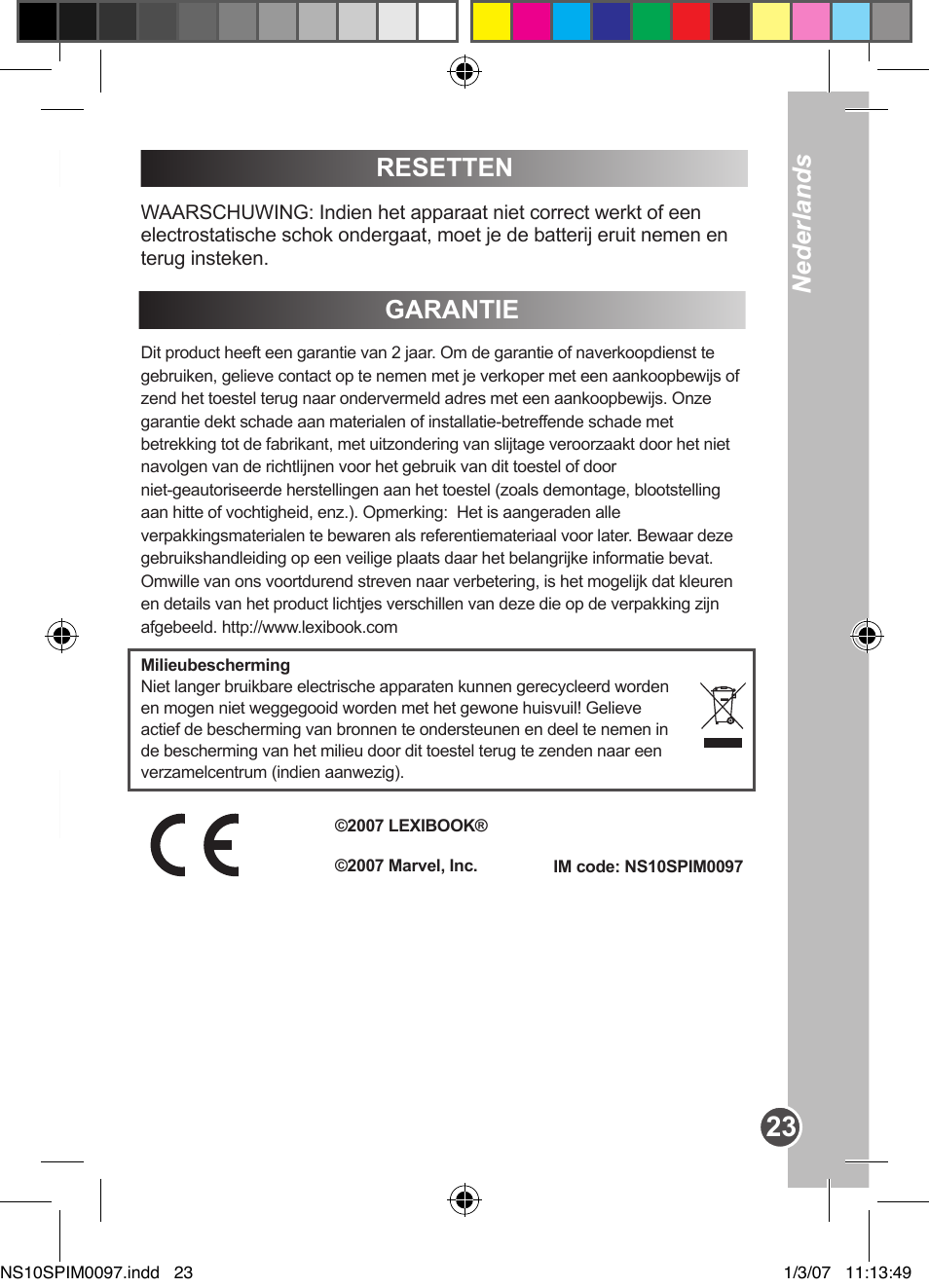 Resetten garantie, Nederlands | Lexibook NS10SP User Manual | Page 23 / 23