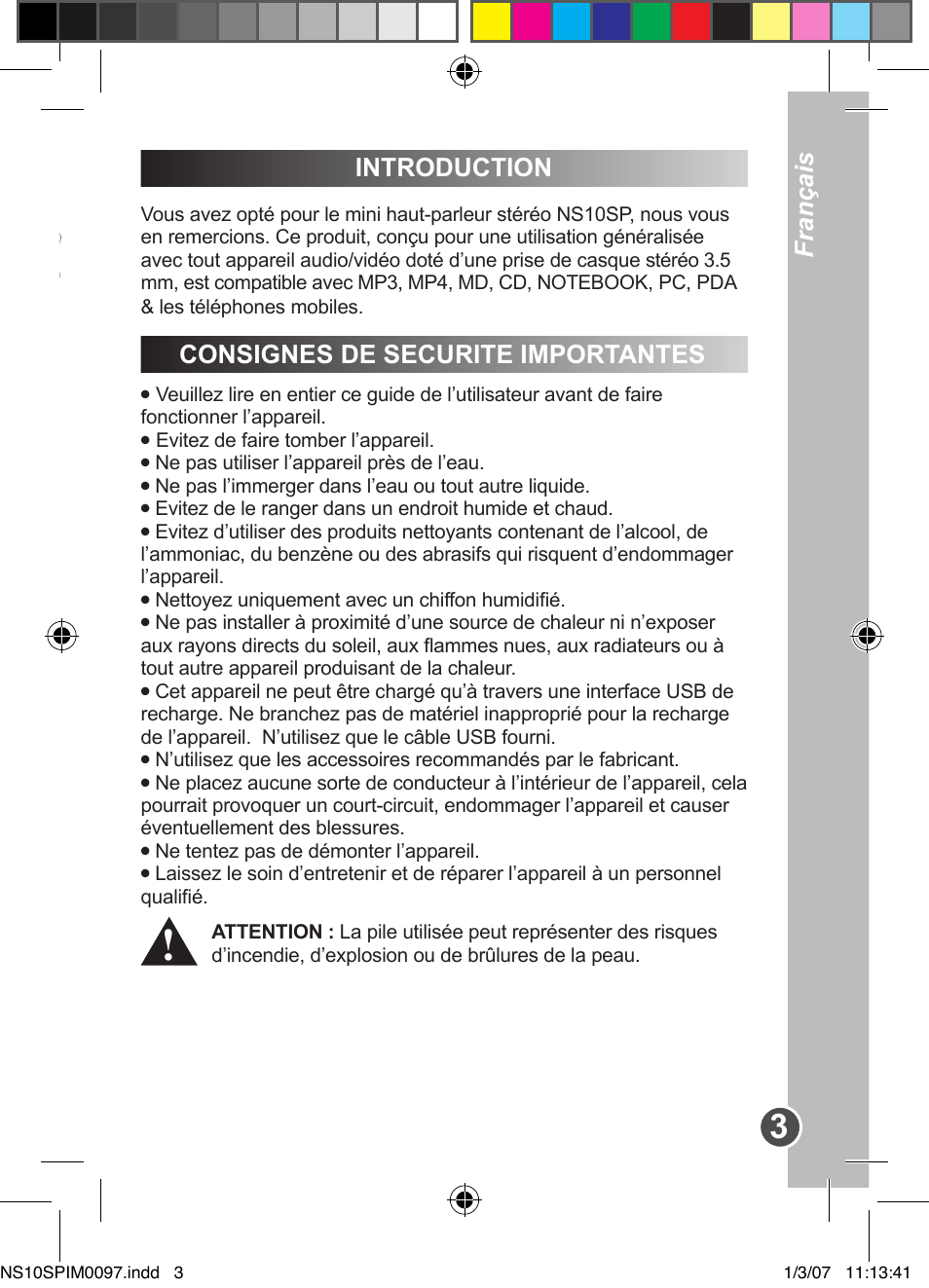 Introduction, Consignes de securite importantes, Français | Lexibook NS10SP User Manual | Page 3 / 23