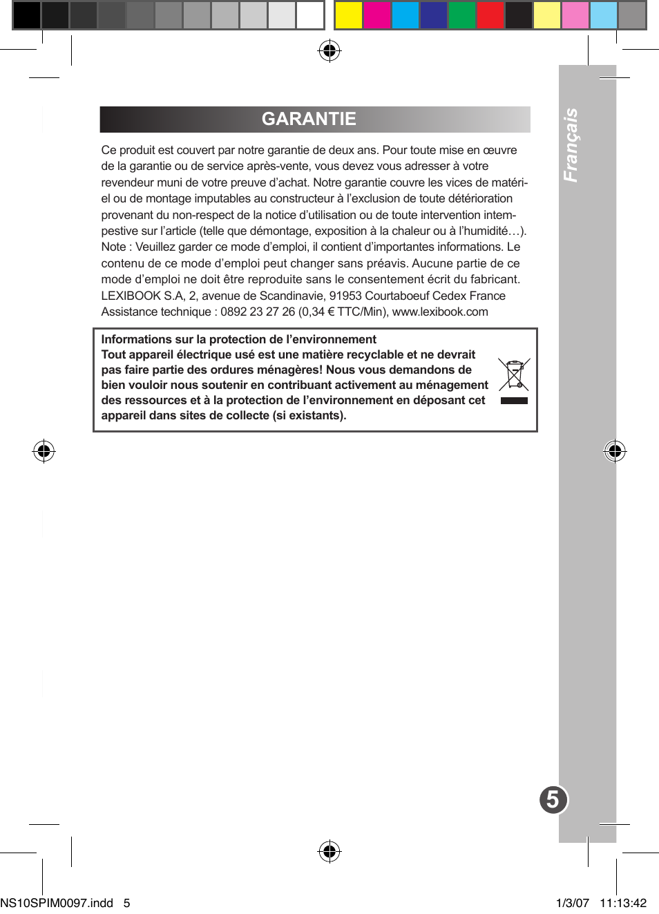 Garantie français français | Lexibook NS10SP User Manual | Page 5 / 23