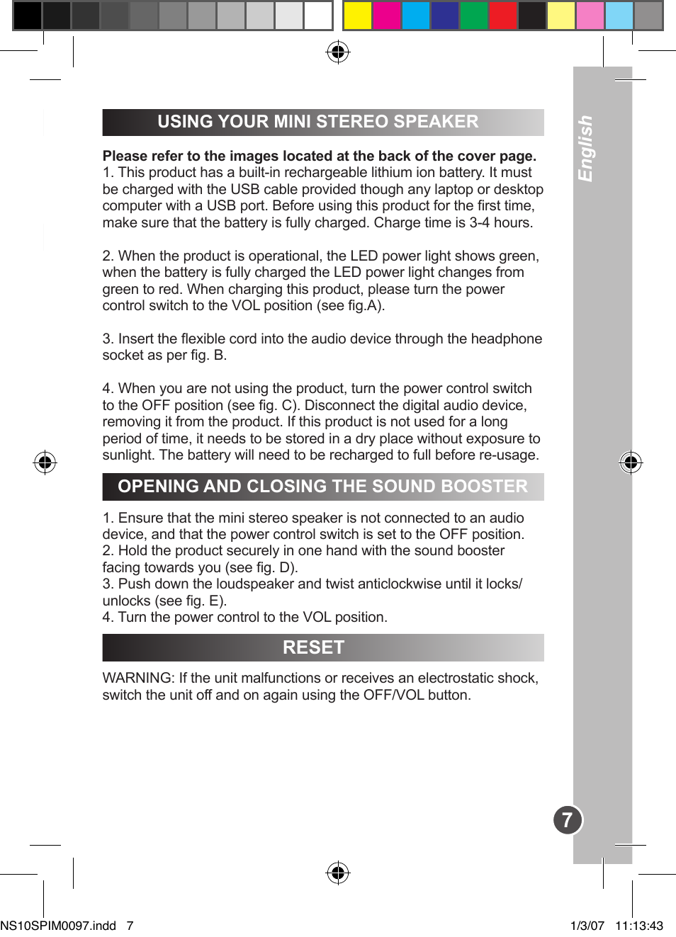 English, Important safety instructions, Reset | Using your mini stereo speaker, Opening and closing the sound booster | Lexibook NS10SP User Manual | Page 7 / 23