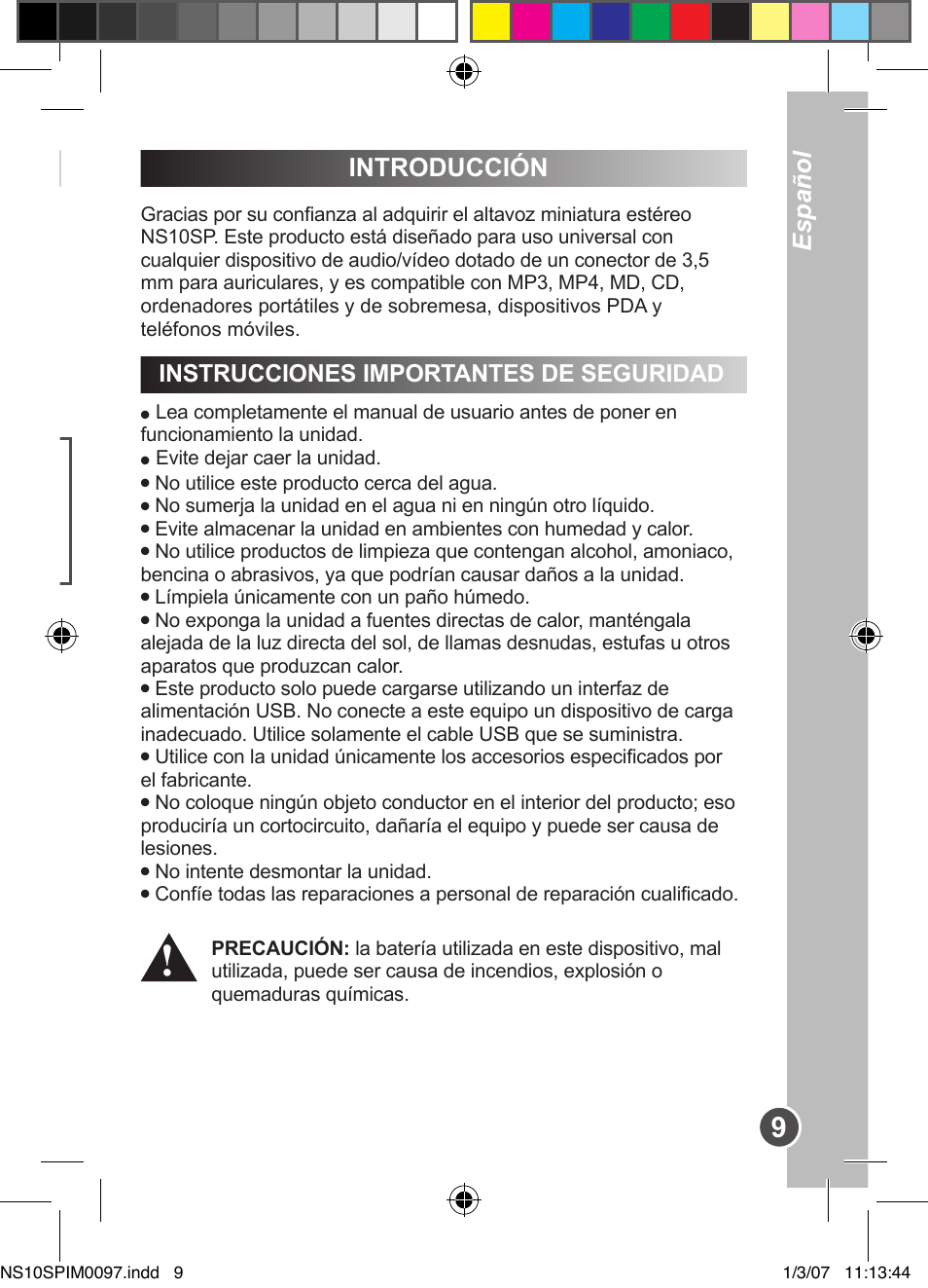 Español introducción, Instrucciones importantes de seguridad | Lexibook NS10SP User Manual | Page 9 / 23