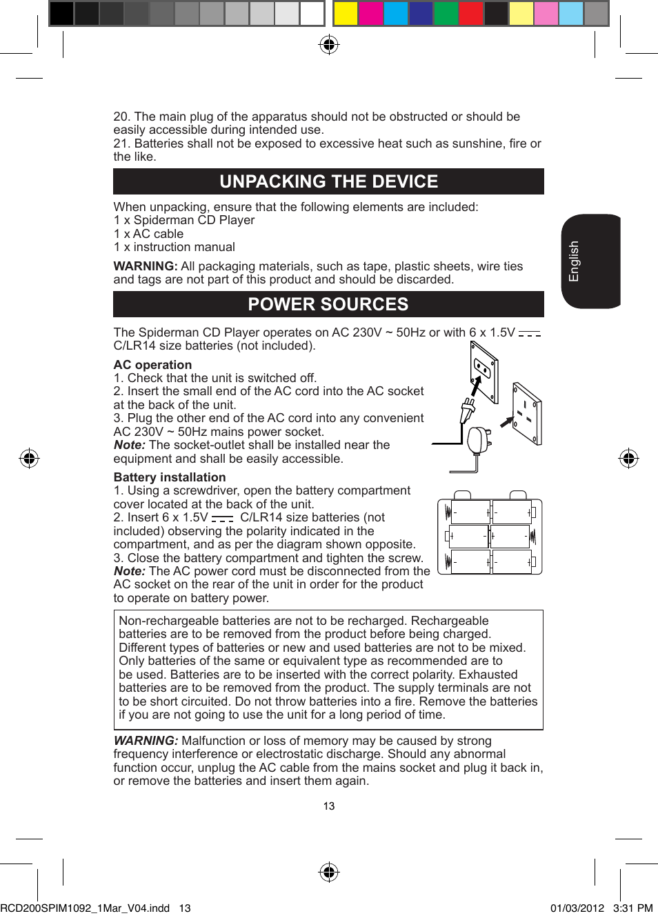 Power sources, Unpacking the device | Lexibook RCD200SP User Manual | Page 13 / 60