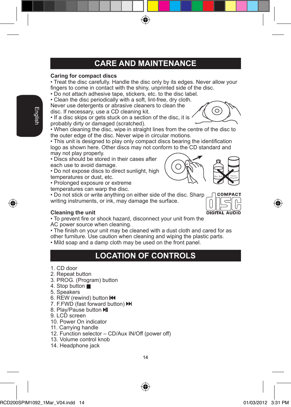 Care and maintenance, Location of controls | Lexibook RCD200SP User Manual | Page 14 / 60