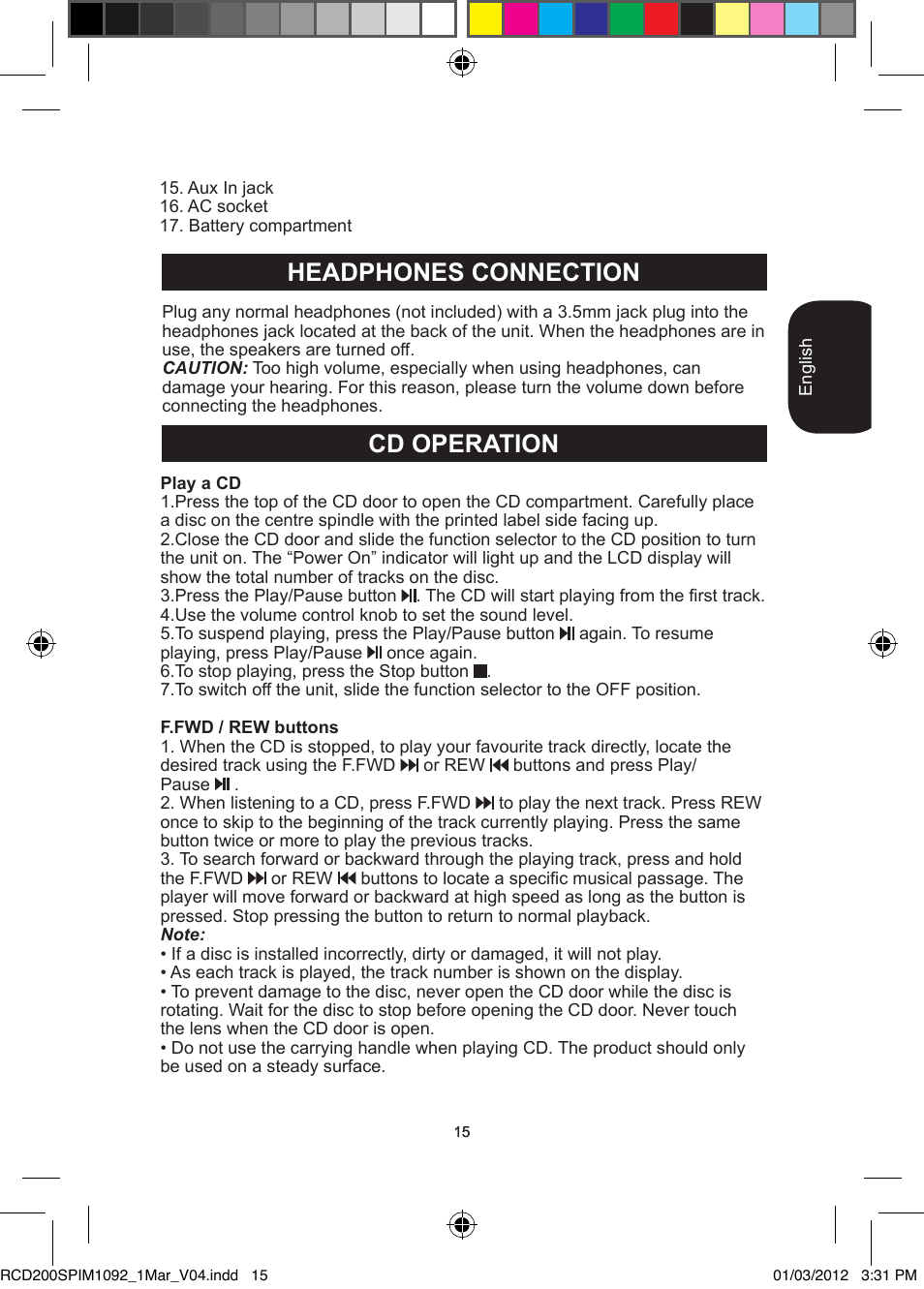 Headphones connection, Cd operation | Lexibook RCD200SP User Manual | Page 15 / 60
