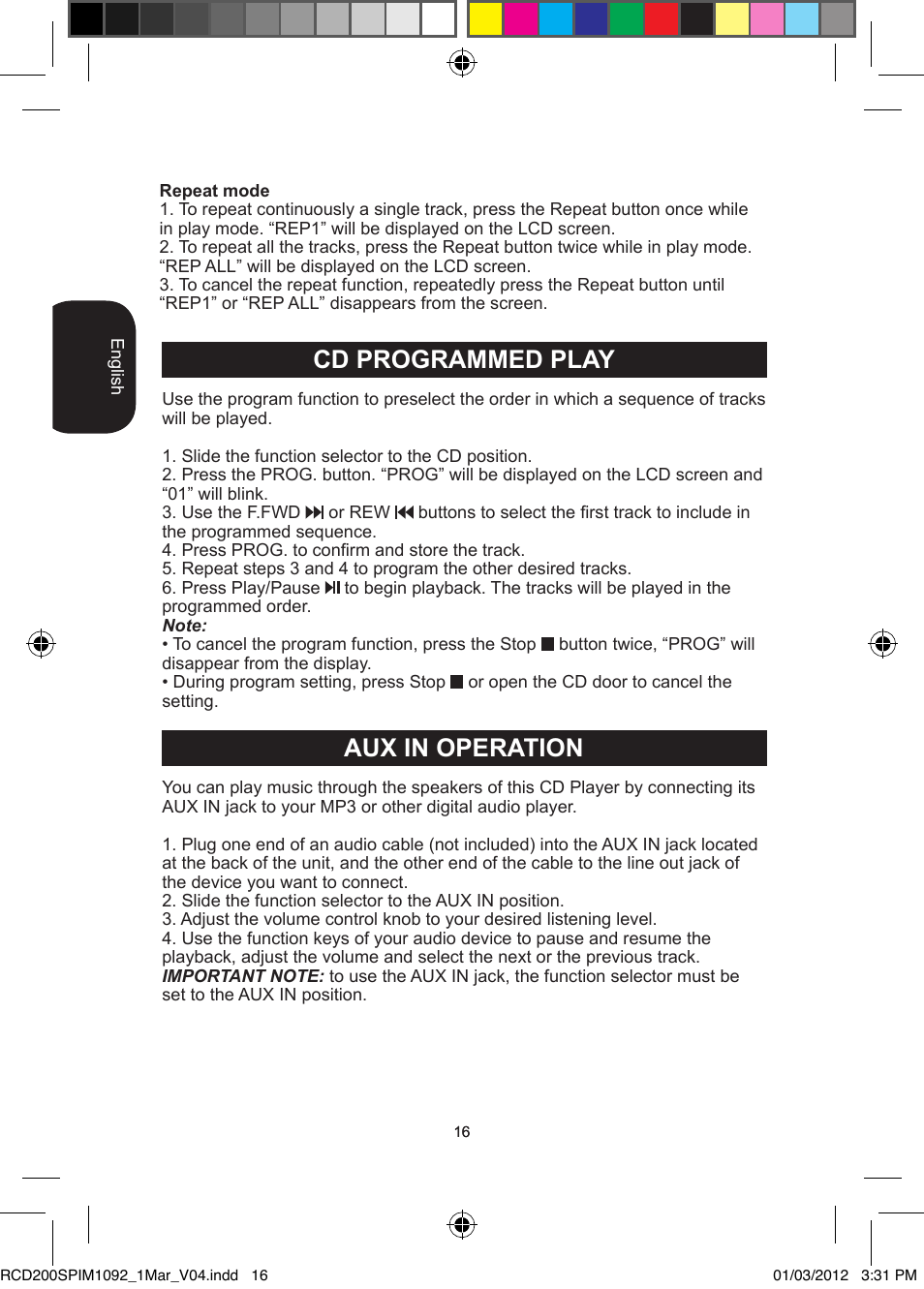 Cd programmed play, Aux in operation | Lexibook RCD200SP User Manual | Page 16 / 60