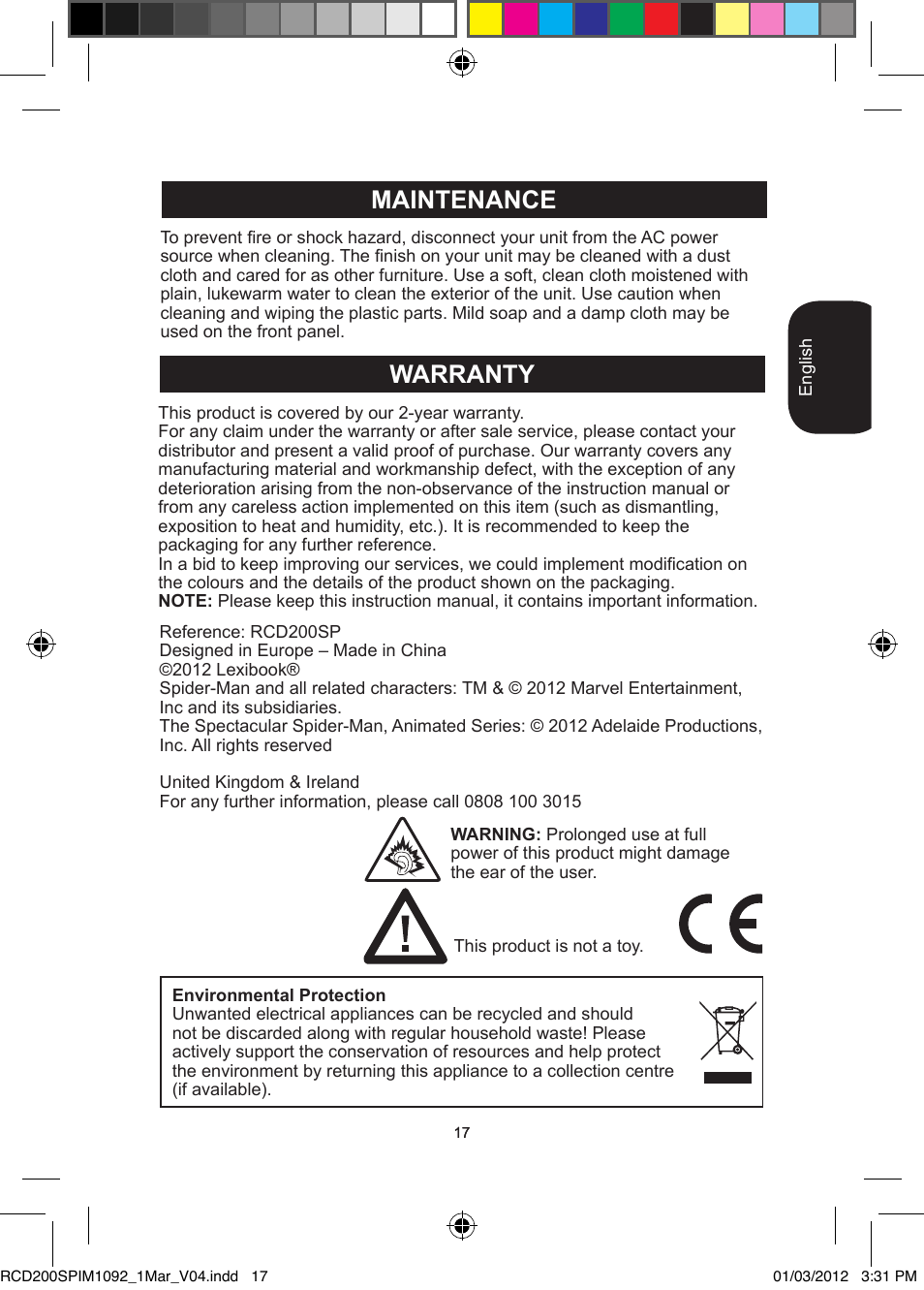 Maintenance, Warranty | Lexibook RCD200SP User Manual | Page 17 / 60