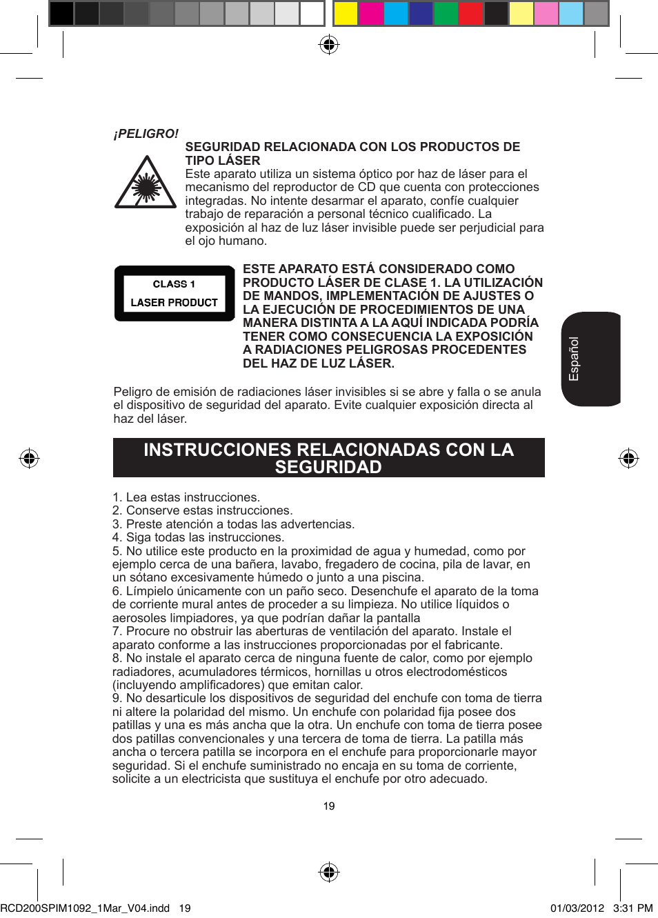 Instrucciones relacionadas con la seguridad | Lexibook RCD200SP User Manual | Page 19 / 60