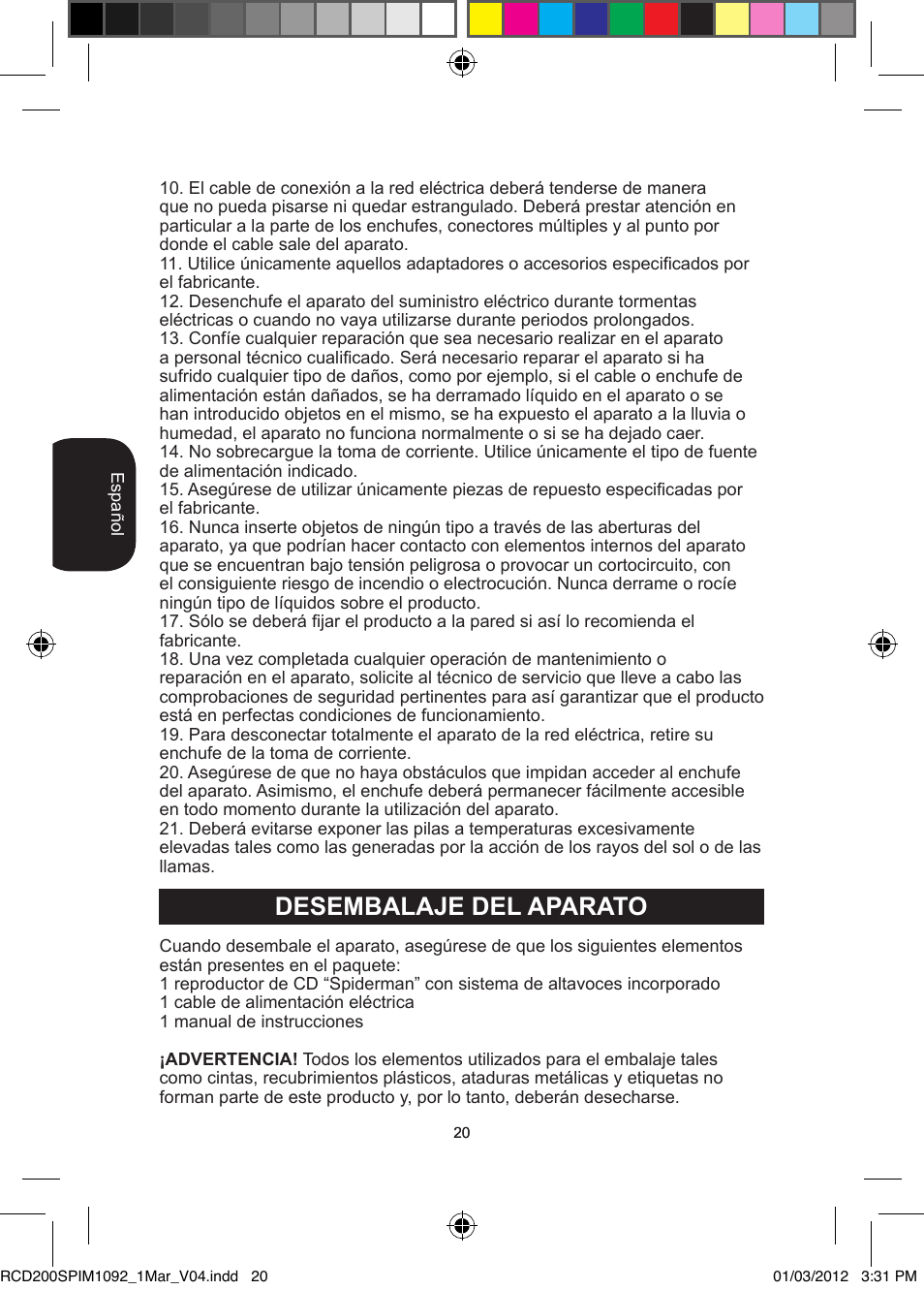 Desembalaje del aparato | Lexibook RCD200SP User Manual | Page 20 / 60