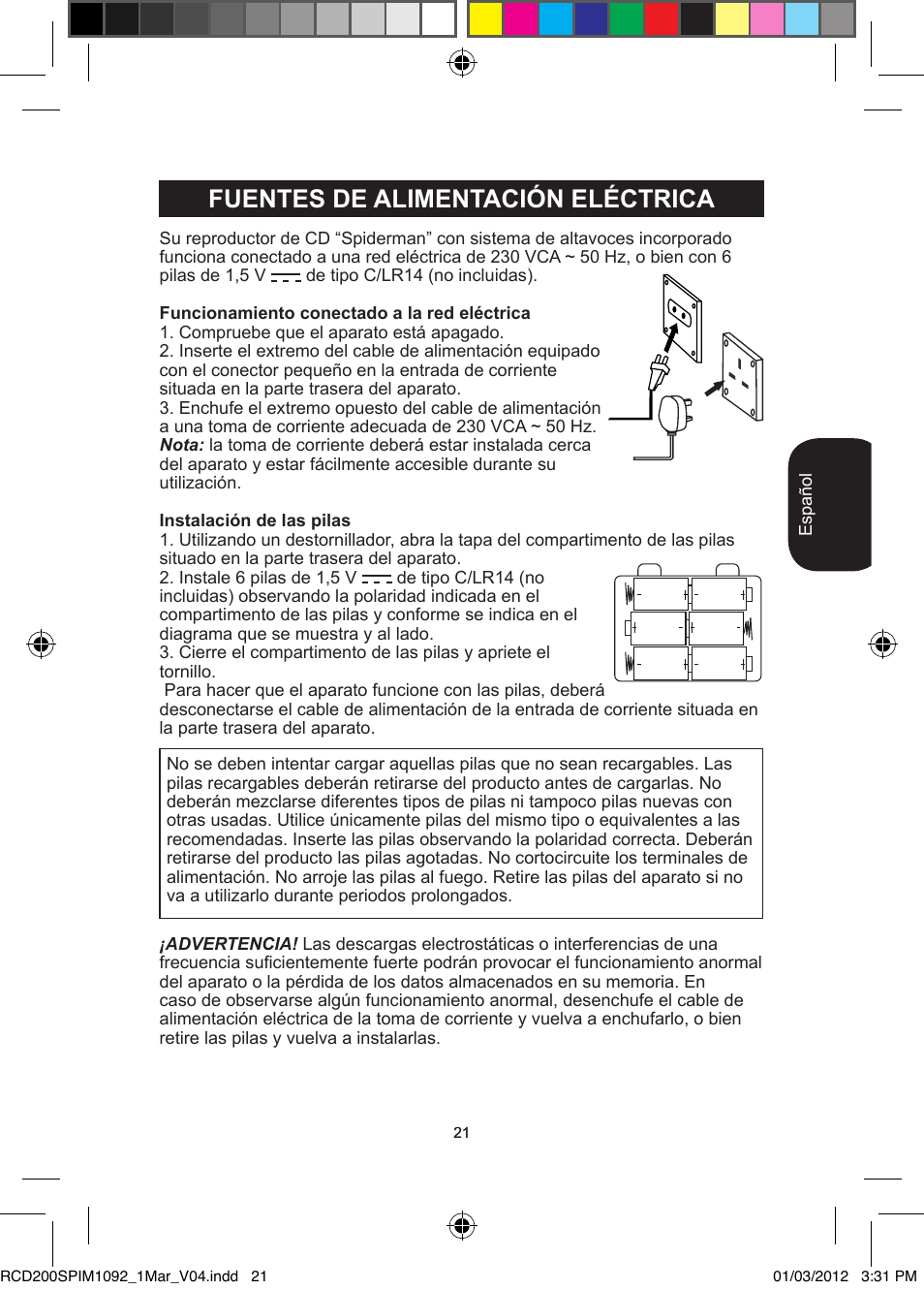 Fuentes de alimentación eléctrica | Lexibook RCD200SP User Manual | Page 21 / 60