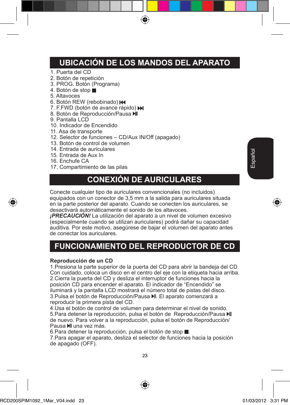 Funcionamiento del reproductor de cd | Lexibook RCD200SP User Manual | Page 23 / 60