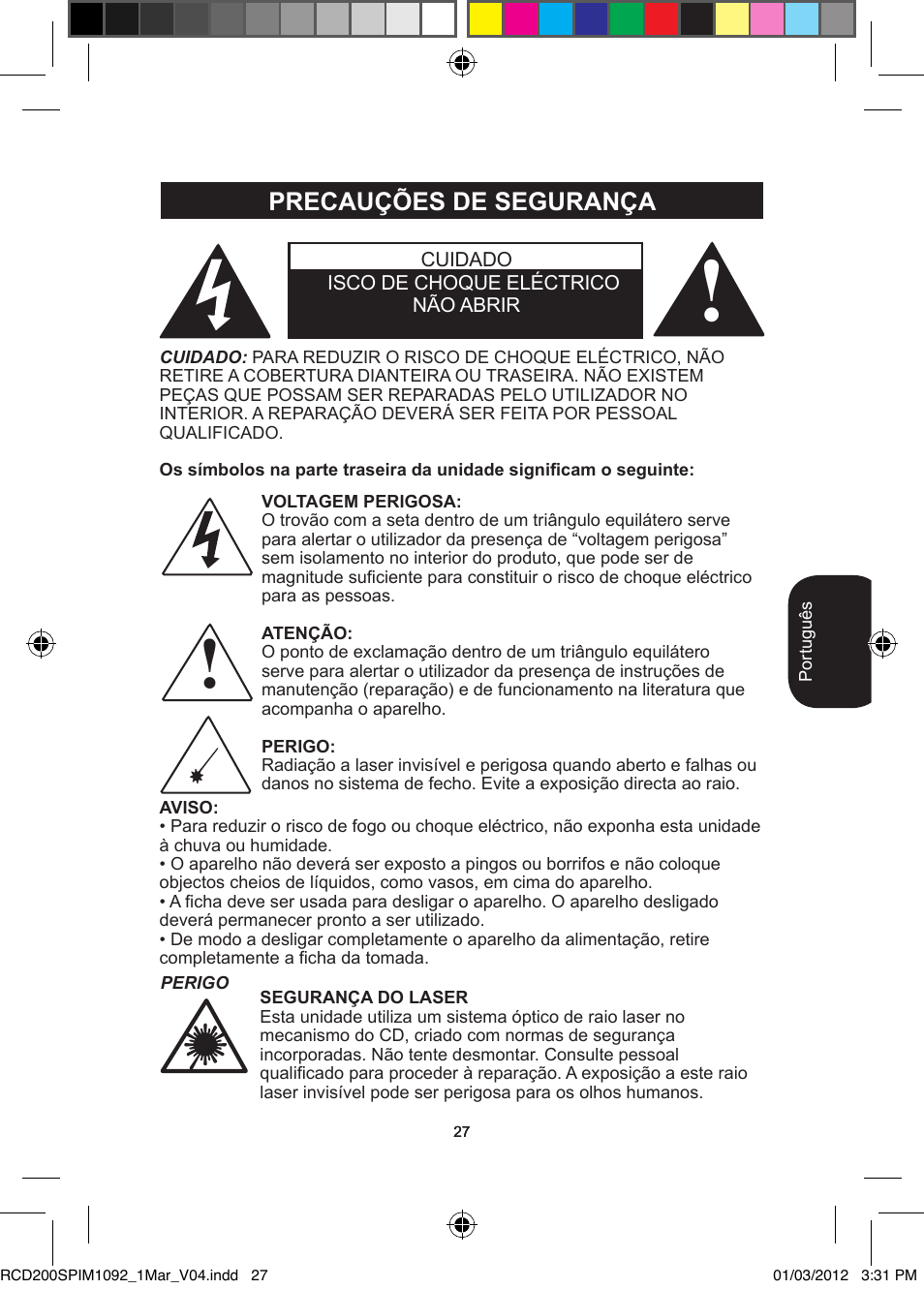 Precauções de segurança | Lexibook RCD200SP User Manual | Page 27 / 60