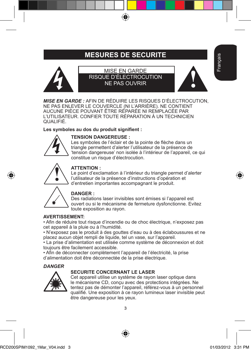 Mesures de securite | Lexibook RCD200SP User Manual | Page 3 / 60
