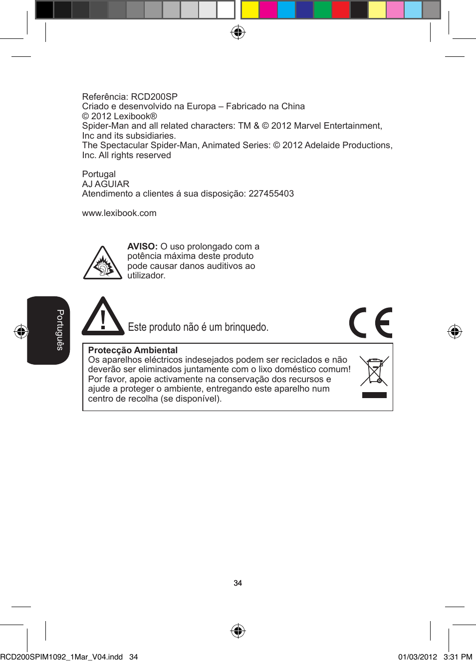 Este produto nгo й um brinquedo | Lexibook RCD200SP User Manual | Page 34 / 60