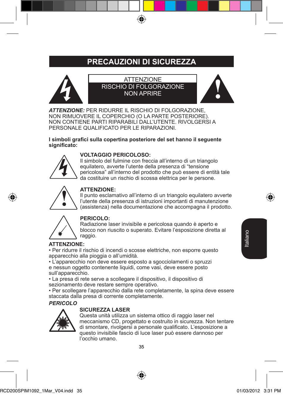 Precauzioni di sicurezza | Lexibook RCD200SP User Manual | Page 35 / 60