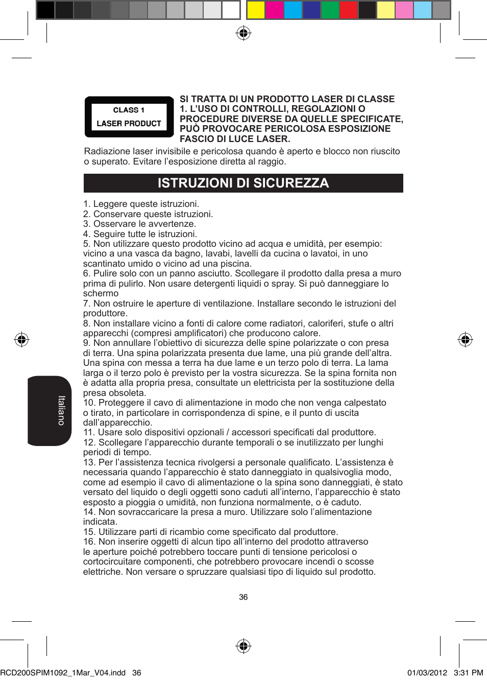 Istruzioni di sicurezza | Lexibook RCD200SP User Manual | Page 36 / 60