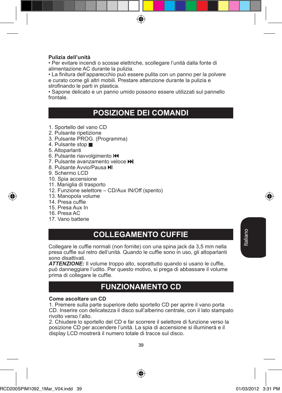 Posizione dei comandi collegamento cuffie, Funzionamento cd | Lexibook RCD200SP User Manual | Page 39 / 60
