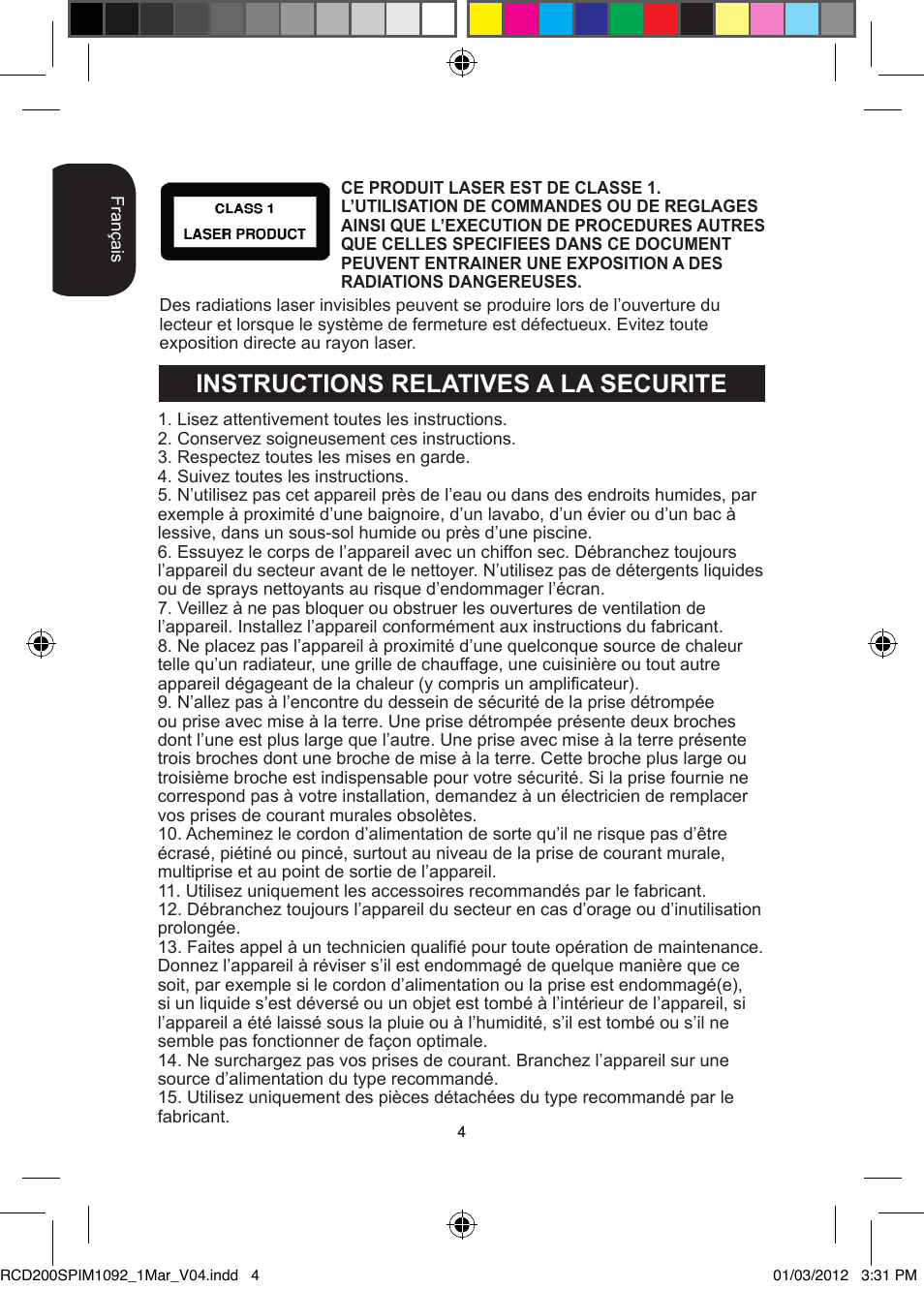 Instructions relatives a la securite | Lexibook RCD200SP User Manual | Page 4 / 60