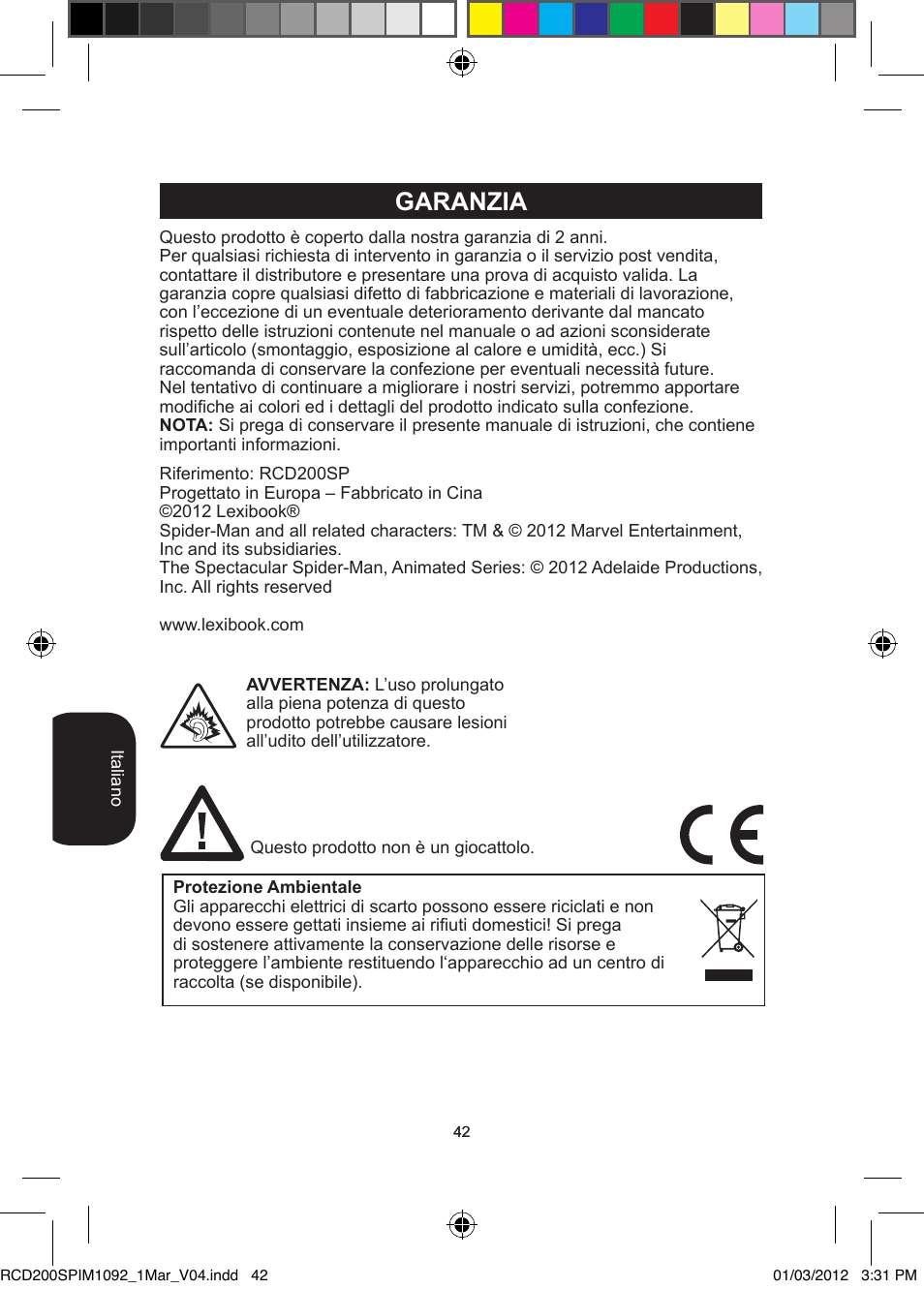 Garanzia | Lexibook RCD200SP User Manual | Page 42 / 60