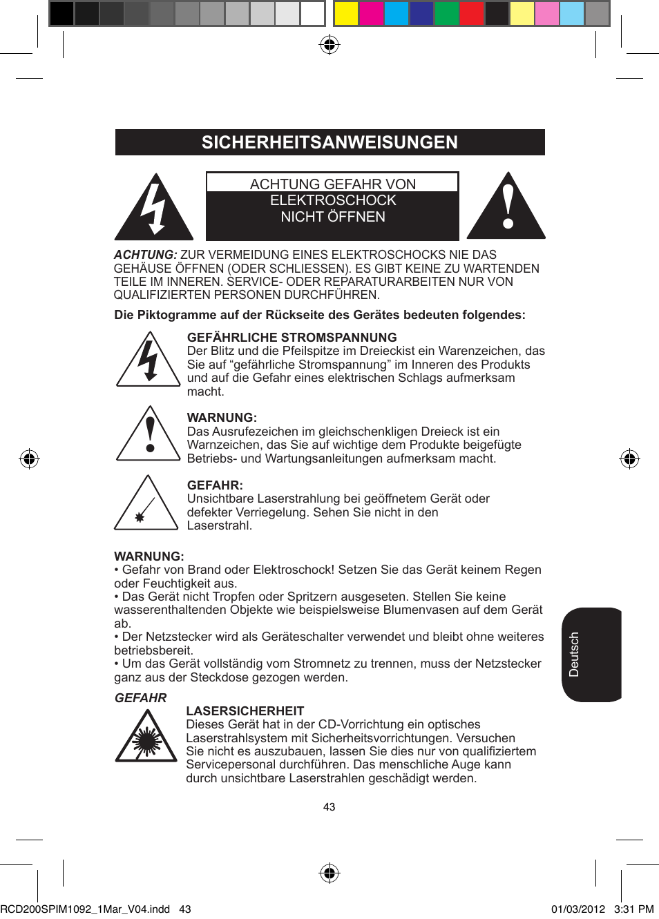 Sicherheitsanweisungen | Lexibook RCD200SP User Manual | Page 43 / 60