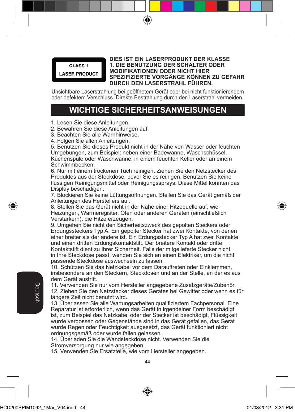 Wichtige sicherheitsanweisungen | Lexibook RCD200SP User Manual | Page 44 / 60