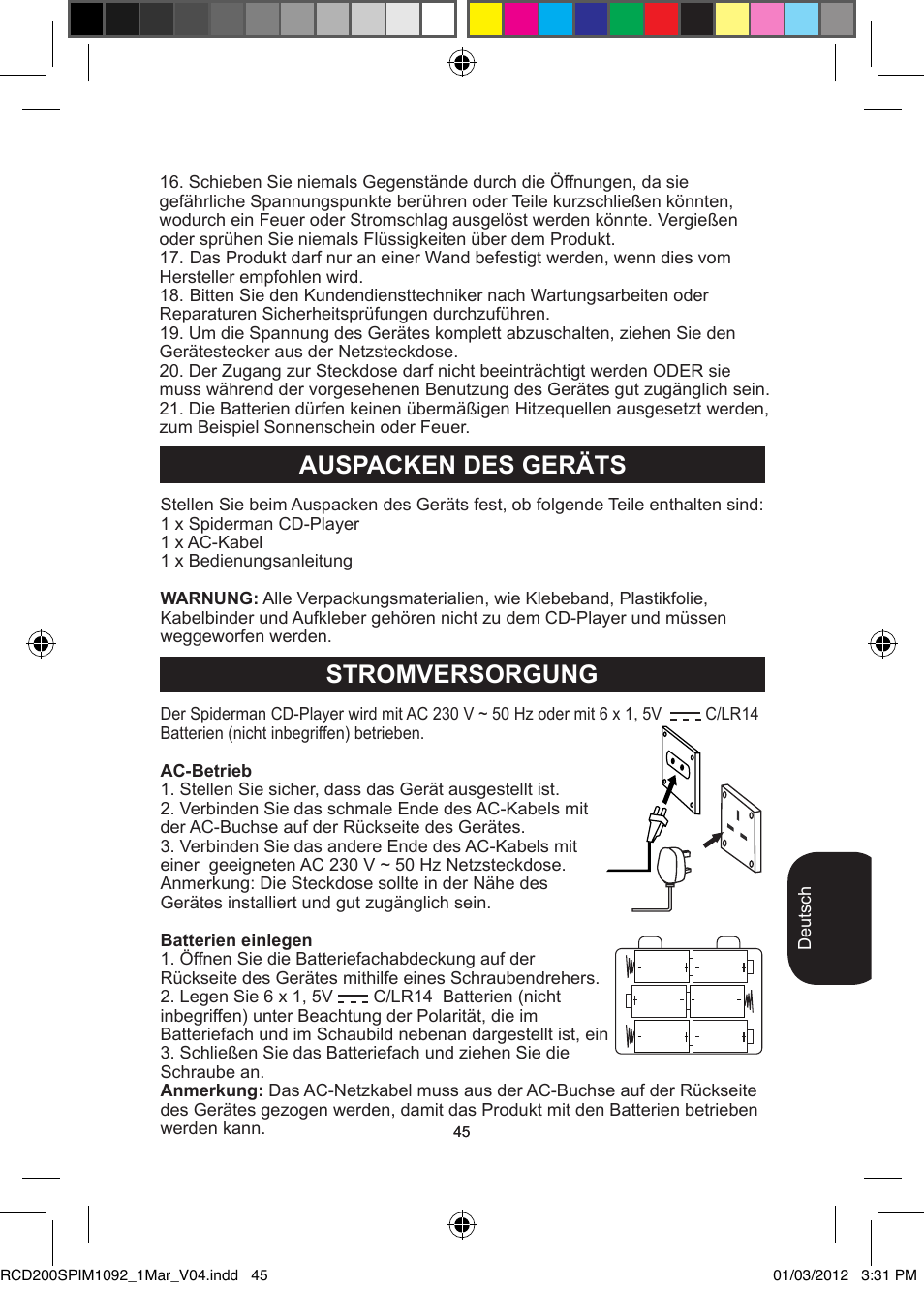 Stromversorgung, Auspacken des geräts | Lexibook RCD200SP User Manual | Page 45 / 60