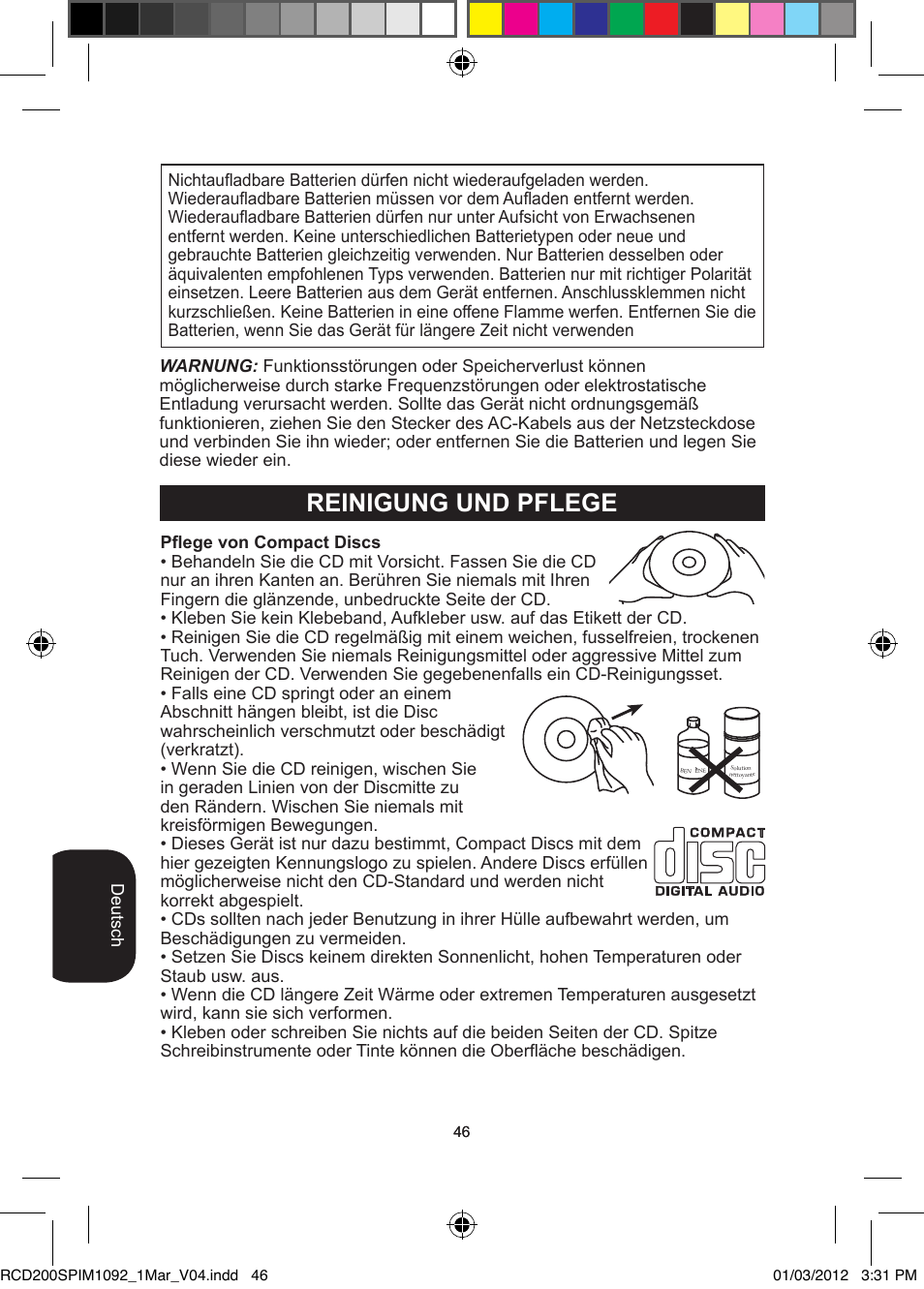 Reinigung und pflege | Lexibook RCD200SP User Manual | Page 46 / 60