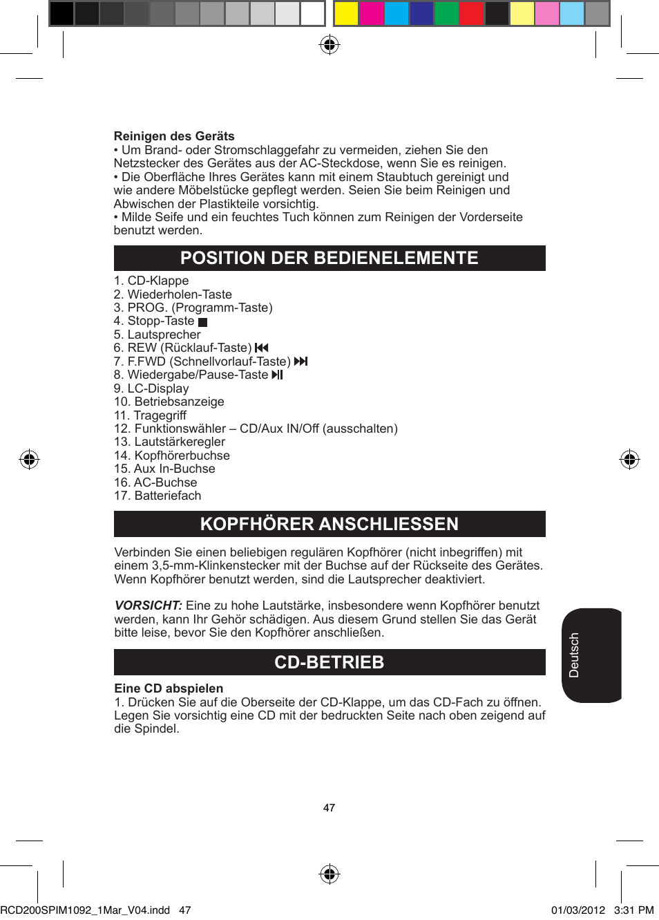 Position der bedienelemente kopfhörer anschliessen, Cd-betrieb | Lexibook RCD200SP User Manual | Page 47 / 60