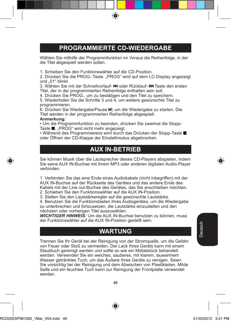 Aux in-betrieb, Wartung, Programmierte cd-wiedergabe | Lexibook RCD200SP User Manual | Page 49 / 60