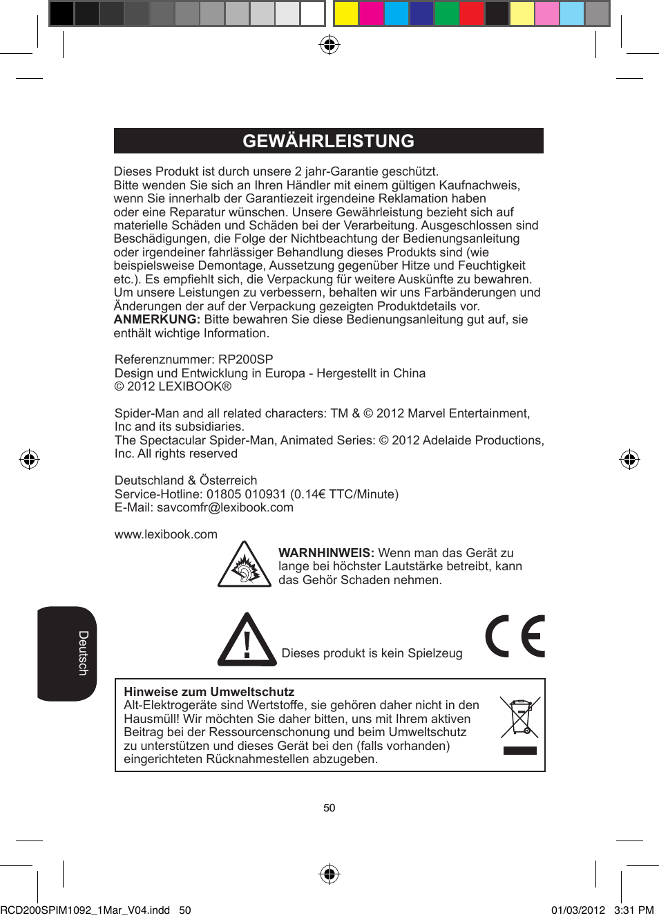 Gewährleistung | Lexibook RCD200SP User Manual | Page 50 / 60