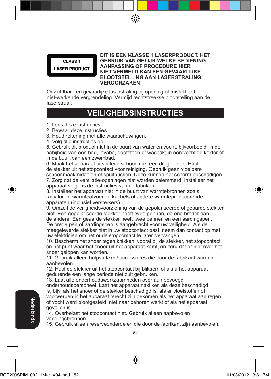 Veiligheidsinstructies | Lexibook RCD200SP User Manual | Page 52 / 60