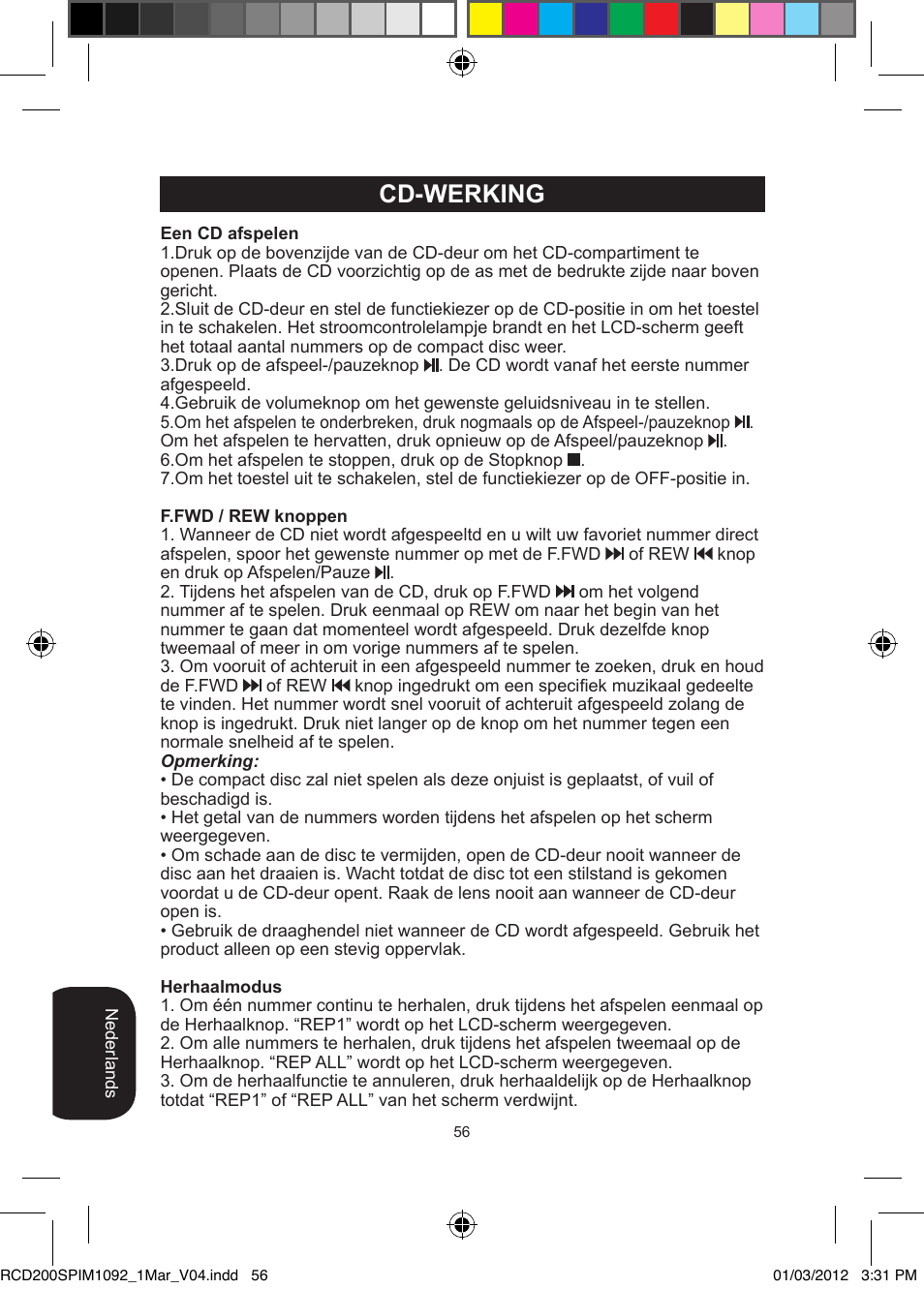 Cd-werking | Lexibook RCD200SP User Manual | Page 56 / 60