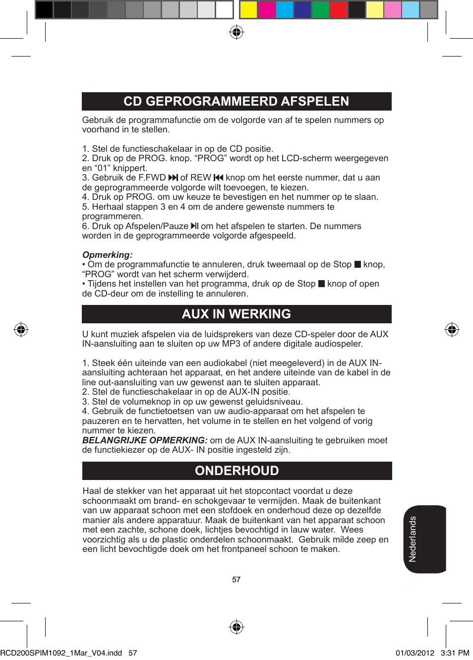 Cd geprogrammeerd afspelen aux in werking, Onderhoud | Lexibook RCD200SP User Manual | Page 57 / 60