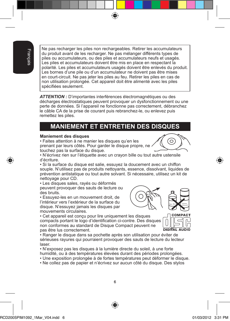 Maniement et entretien des disques | Lexibook RCD200SP User Manual | Page 6 / 60