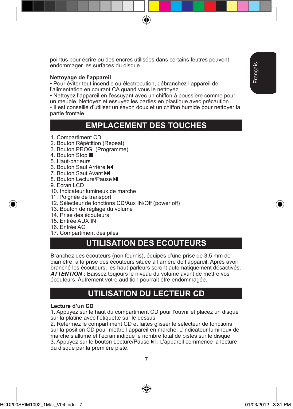 Emplacement des touches utilisation des ecouteurs, Utilisation du lecteur cd | Lexibook RCD200SP User Manual | Page 7 / 60