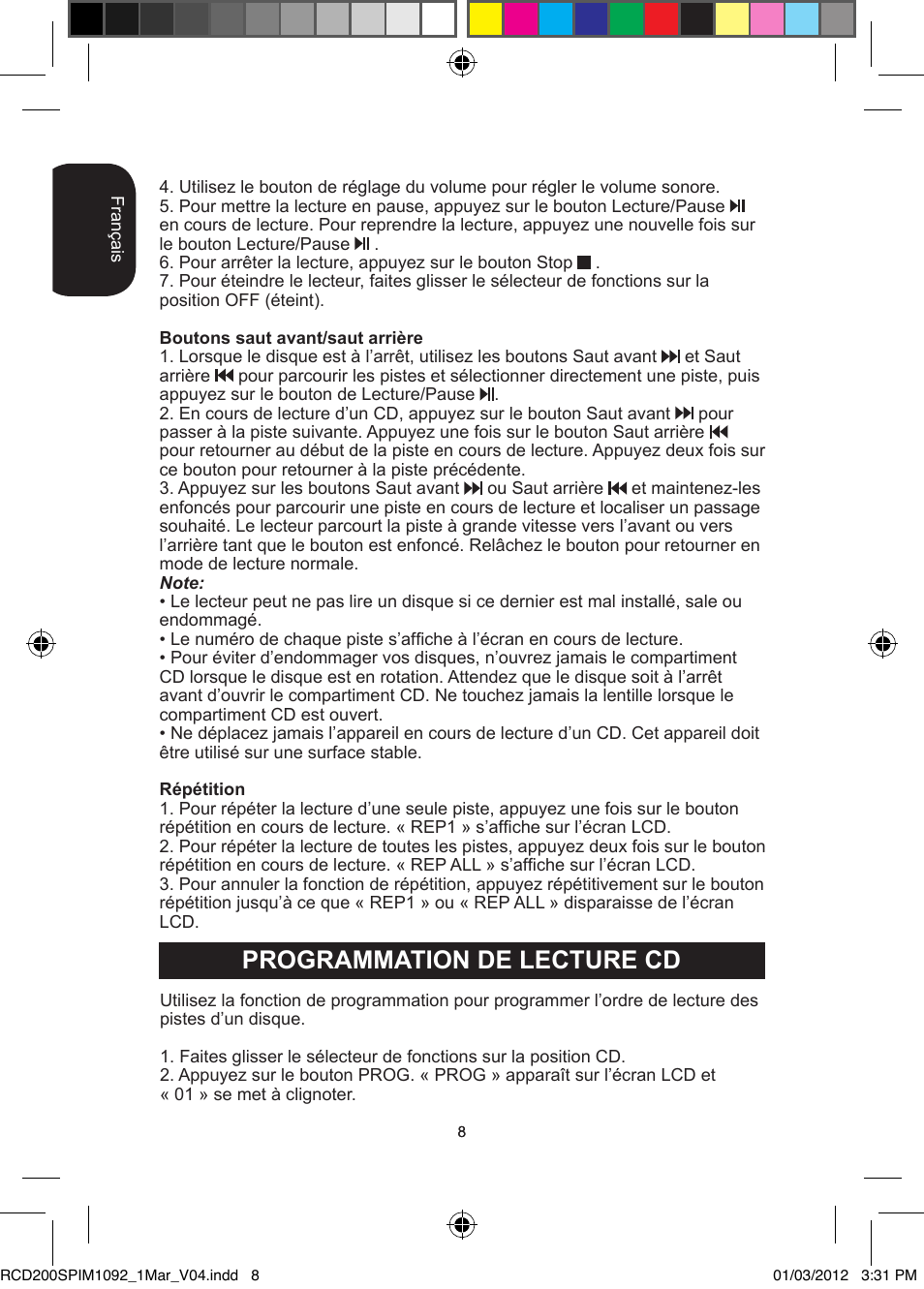 Programmation de lecture cd | Lexibook RCD200SP User Manual | Page 8 / 60