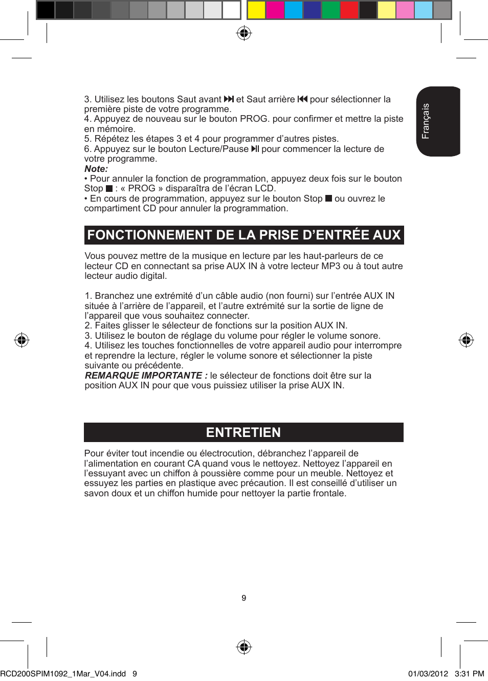 Fonctionnement de la prise d’entrée aux, Entretien | Lexibook RCD200SP User Manual | Page 9 / 60