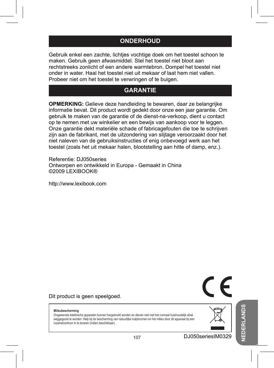 Onderhoud, Garantie | Lexibook DJ050 Series User Manual | Page 107 / 110