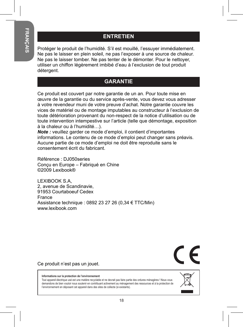 Entretien, Garantie | Lexibook DJ050 Series User Manual | Page 18 / 110