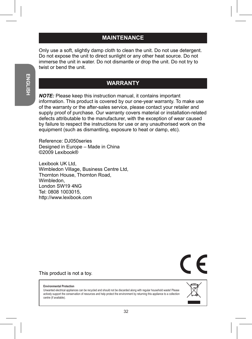 Maintenance, Warranty | Lexibook DJ050 Series User Manual | Page 32 / 110