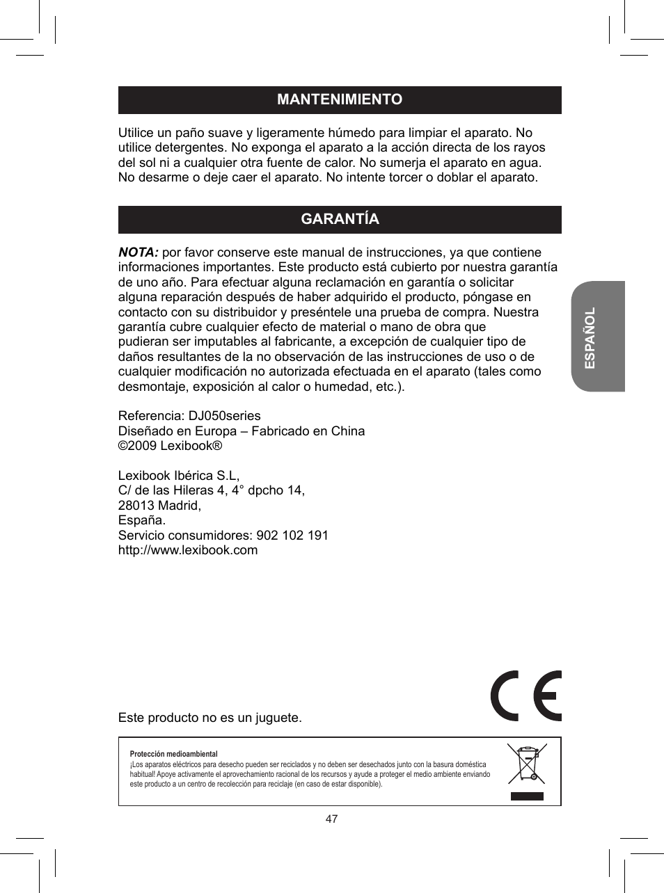 Mantenimiento, Garantía | Lexibook DJ050 Series User Manual | Page 47 / 110