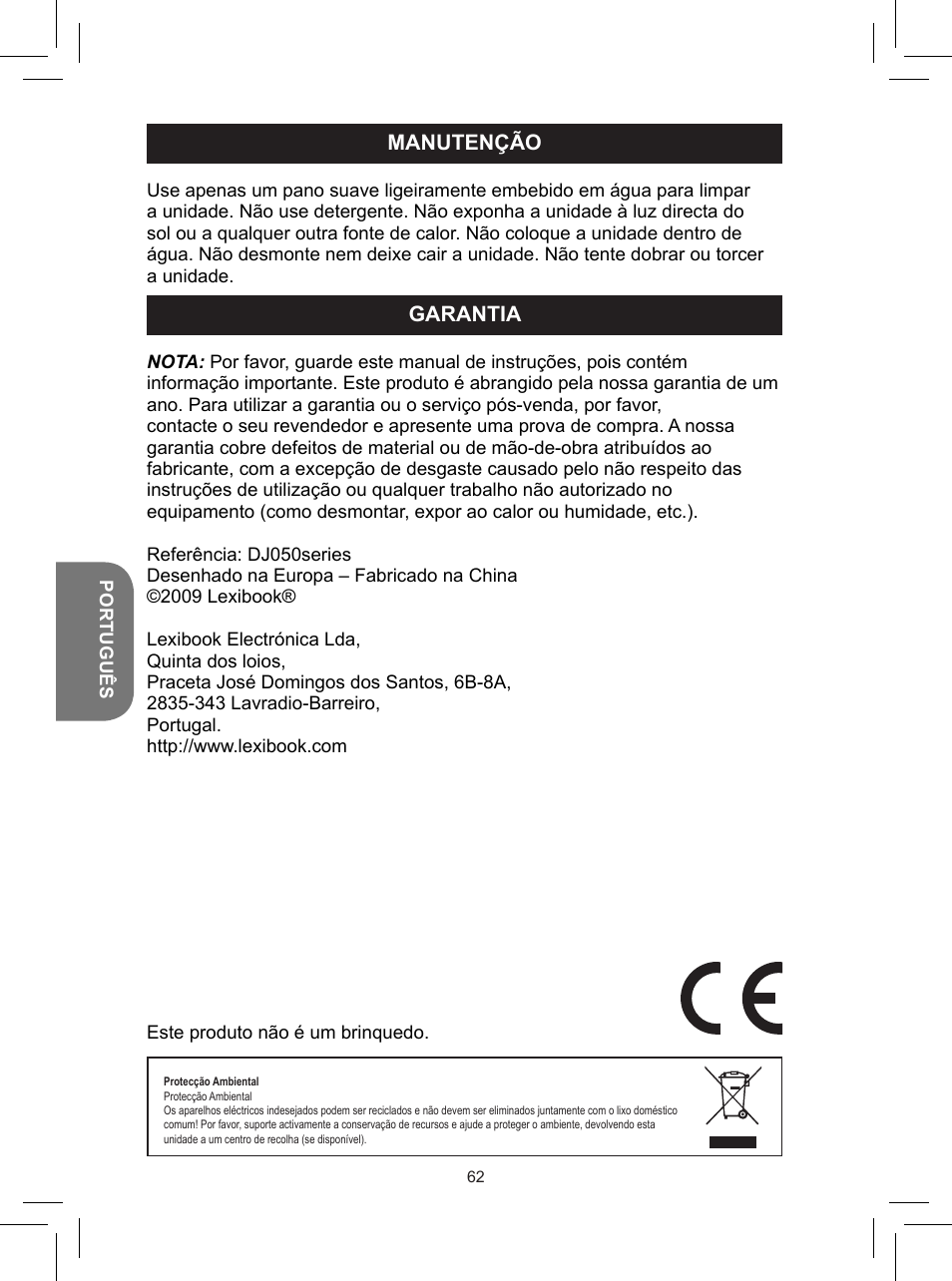 Manutenção, Garantia | Lexibook DJ050 Series User Manual | Page 62 / 110