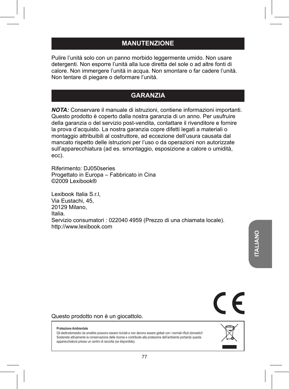 Manutenzione, Garanzia | Lexibook DJ050 Series User Manual | Page 77 / 110