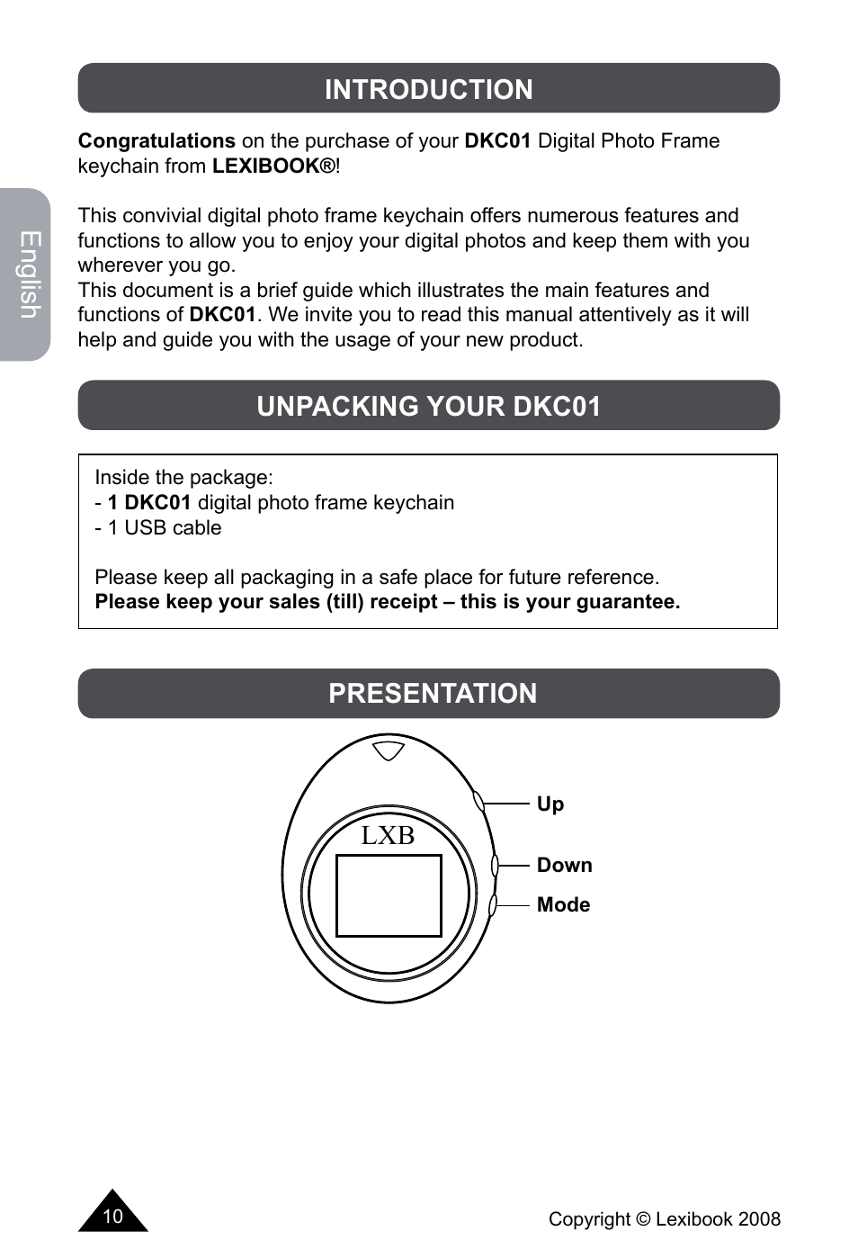 English, Introduction, Unpacking your dkc01 presentation | Lexibook DKCO1 / DKC01HSM / DKC01BB / DKC01HM User Manual | Page 10 / 44