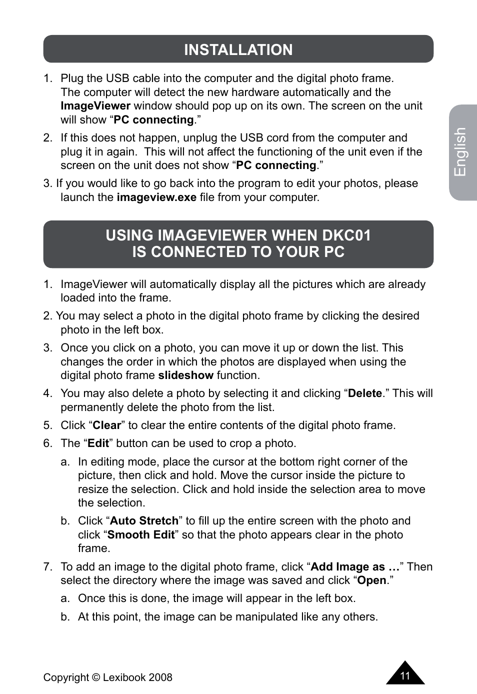 English | Lexibook DKCO1 / DKC01HSM / DKC01BB / DKC01HM User Manual | Page 11 / 44
