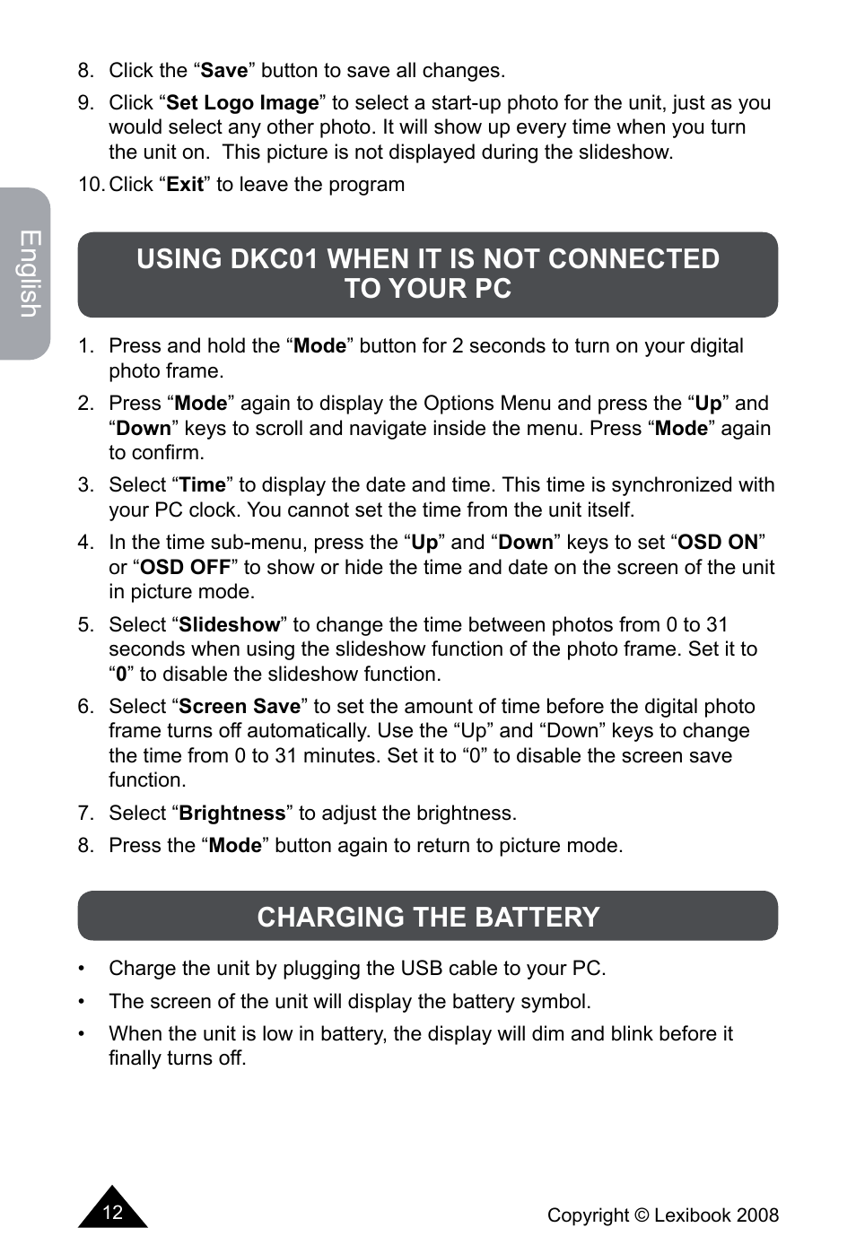 English, Using dkc01 when it is not connected to your pc, Charging the battery | Lexibook DKCO1 / DKC01HSM / DKC01BB / DKC01HM User Manual | Page 12 / 44