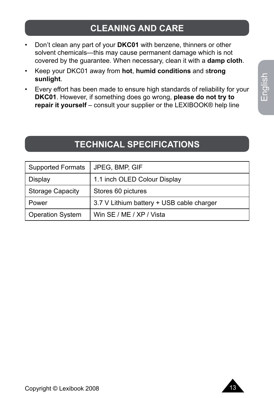 English, Cleaning and care technical specifications | Lexibook DKCO1 / DKC01HSM / DKC01BB / DKC01HM User Manual | Page 13 / 44