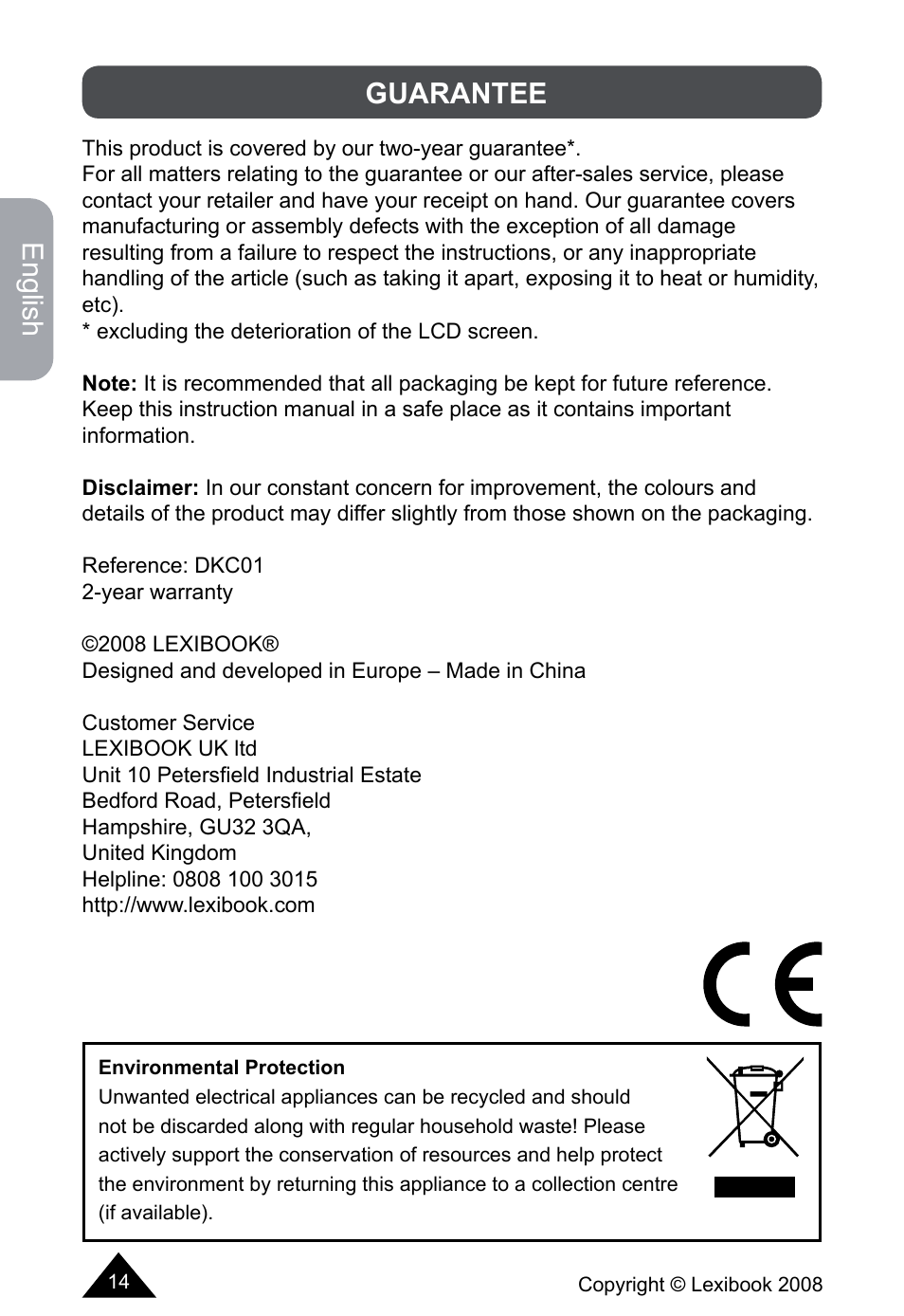 English, Guarantee | Lexibook DKCO1 / DKC01HSM / DKC01BB / DKC01HM User Manual | Page 14 / 44