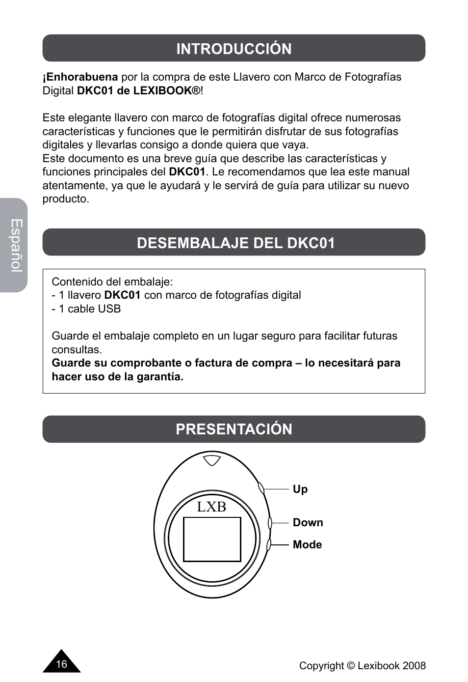 Español, Introducción, Desembalaje del dkc01 presentación | Lexibook DKCO1 / DKC01HSM / DKC01BB / DKC01HM User Manual | Page 16 / 44