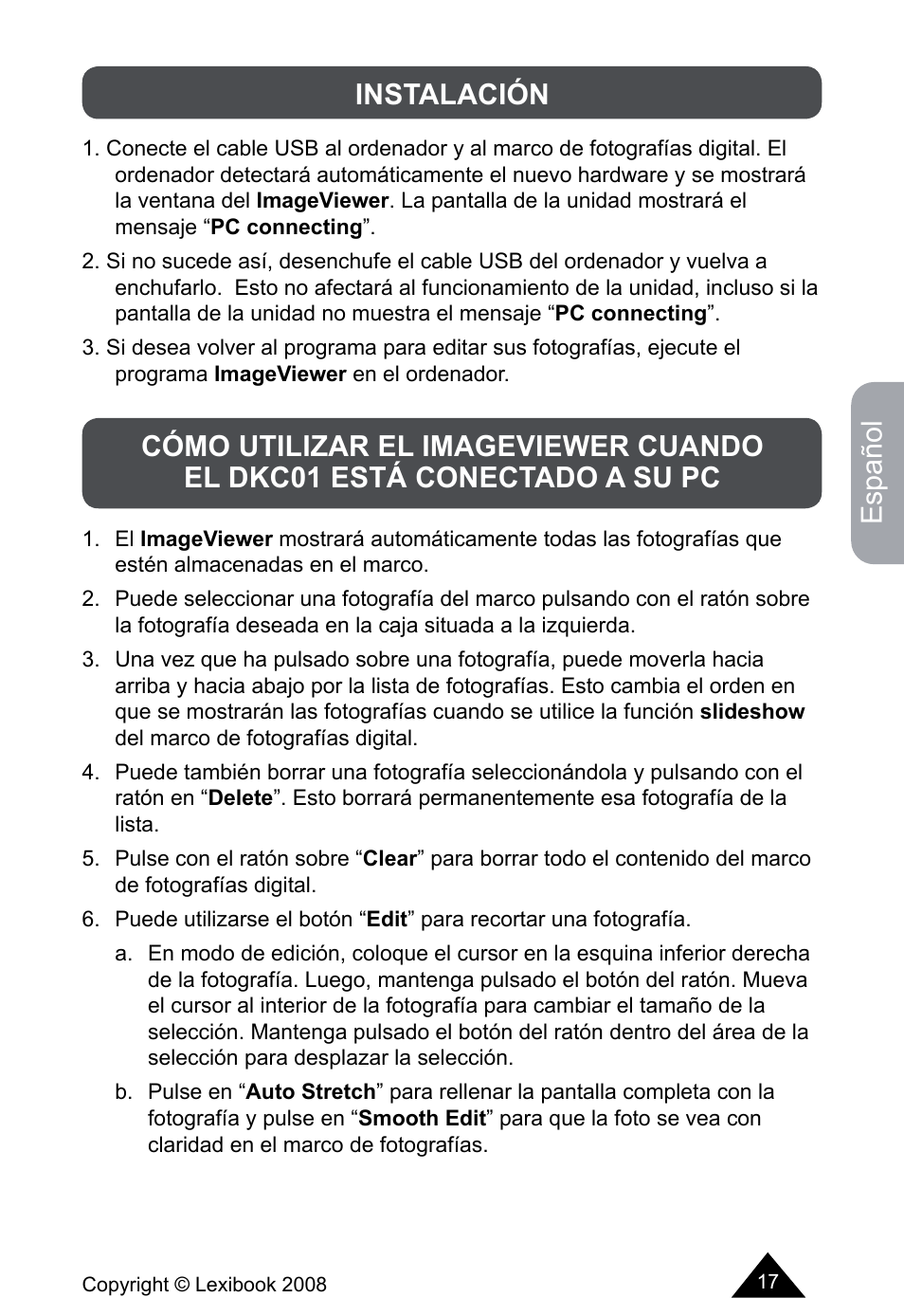 Español | Lexibook DKCO1 / DKC01HSM / DKC01BB / DKC01HM User Manual | Page 17 / 44