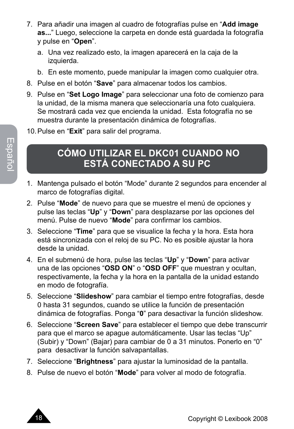 Español | Lexibook DKCO1 / DKC01HSM / DKC01BB / DKC01HM User Manual | Page 18 / 44